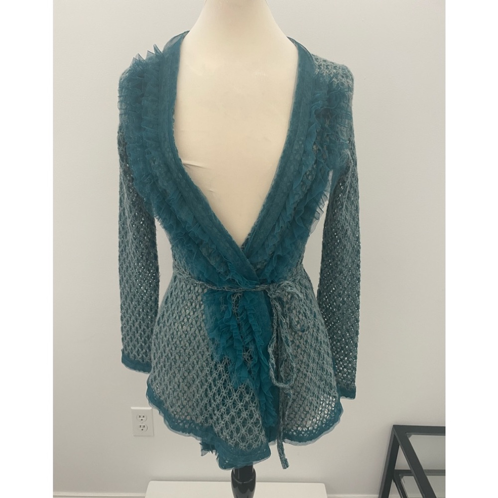 RYU brand teal open front tie waist cardigan sweater